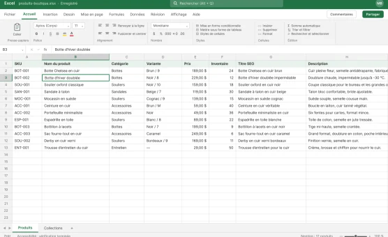 Liste de produits dans un fichier Excel