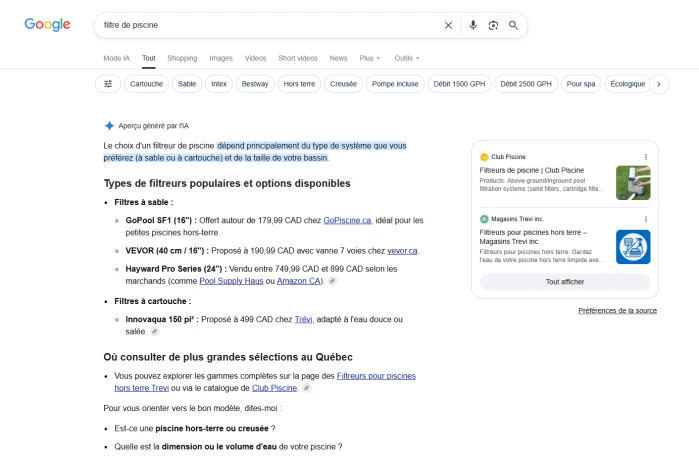 Recherche Google « filtre de piscine » avec un aperçu généré par l’IA