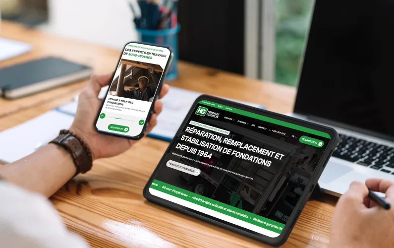 Site web sur mesure de Héneault Gosselin, experts en fondations, affiché sur une tablette et un téléphone