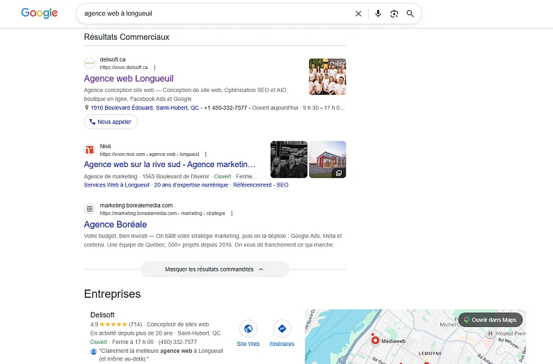Résultats de recherche Google et réponse d’une IA qui recommandent une entreprise