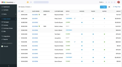 Commandes clients dans Zoho Inventory, avec leur statut de facturation, d’emballage et d’expédition