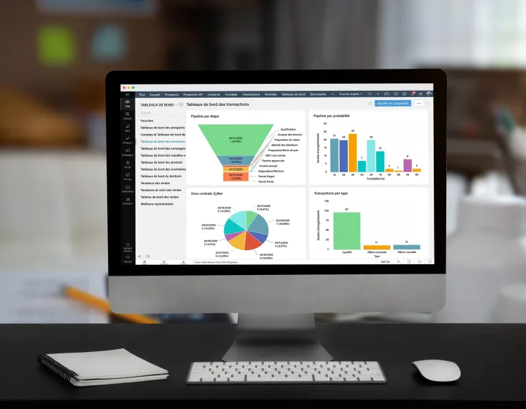 Tableau de bord des transactions de Zoho CRM sur un ordinateur de bureau